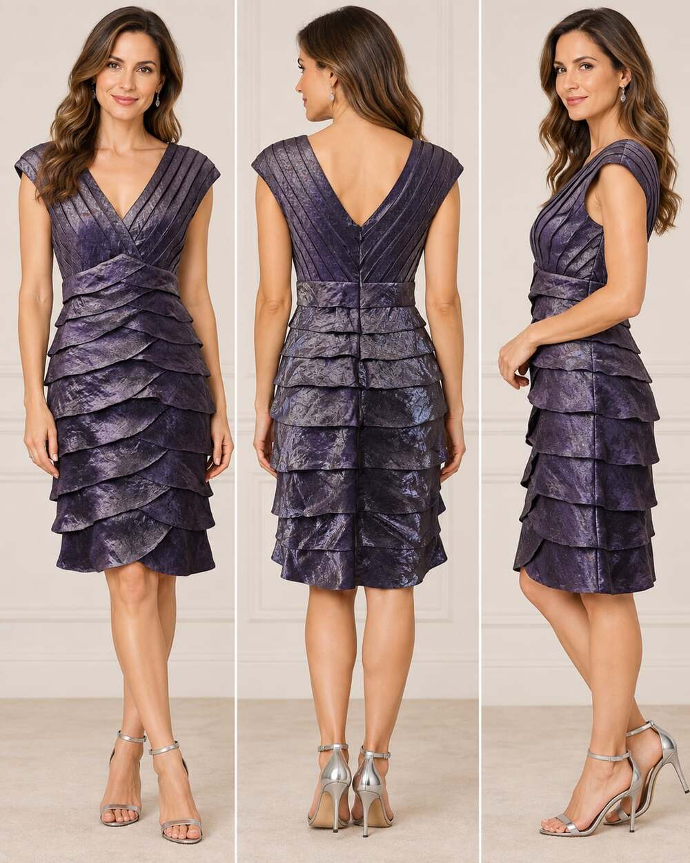 Cache Cocktail Dress Size 8 Purple Tiered Shimmer Pleated Sheath